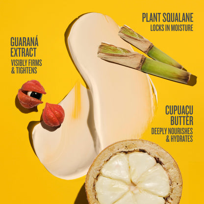 Authentic Sol de Janeiro body moisturizer highlighting the key ingredients like guaraná extract