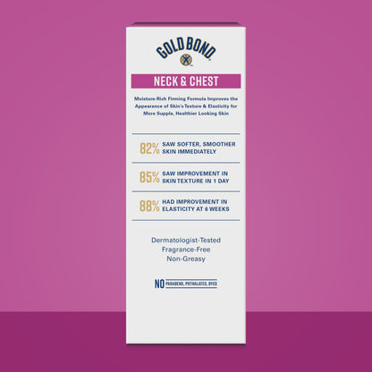 Dermatologist approved Gold Bond chest firming cream white packaging close up
