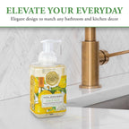 Square pump hand soap container with gold medallion