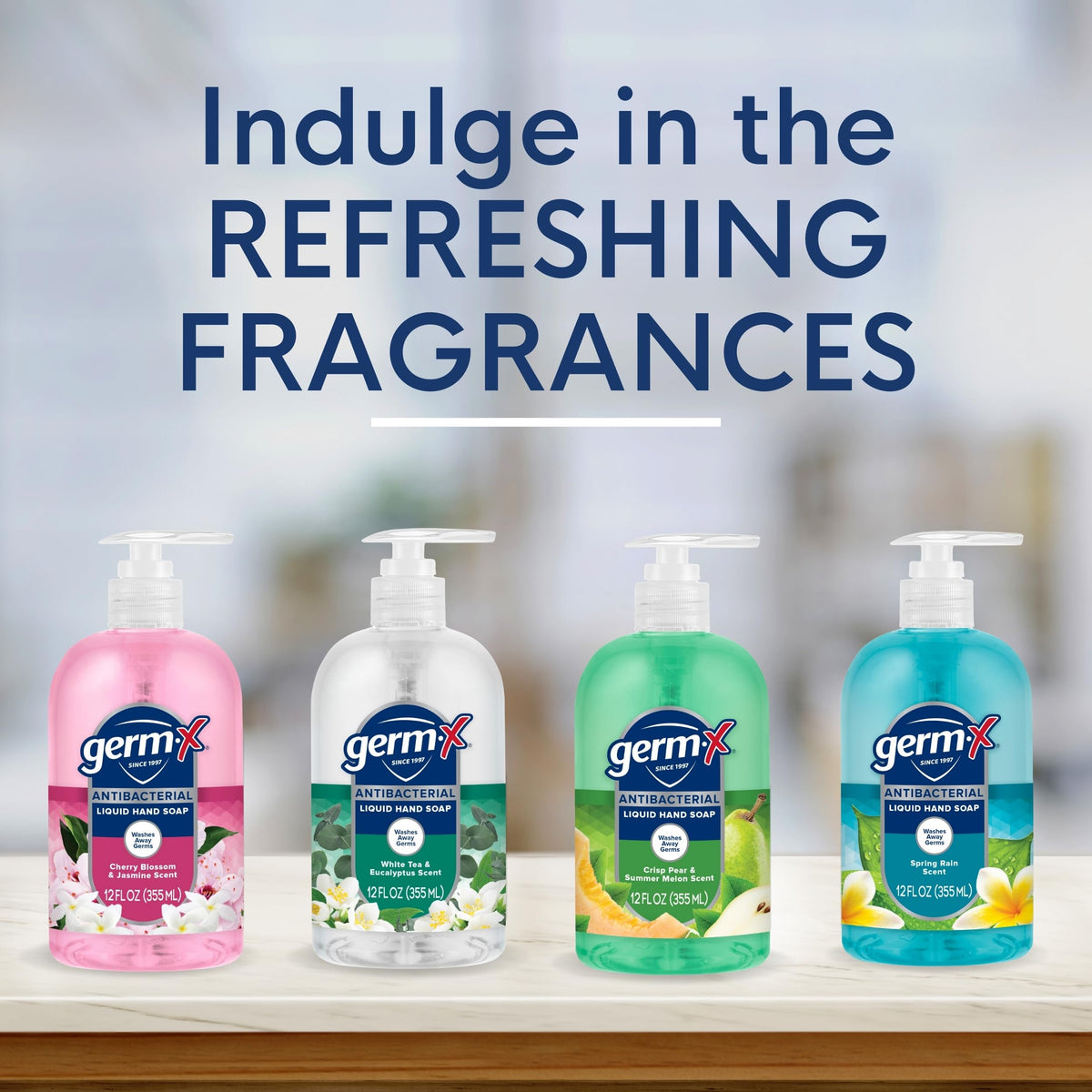 Bathroom vanity display of Germ-X hand wash bottles