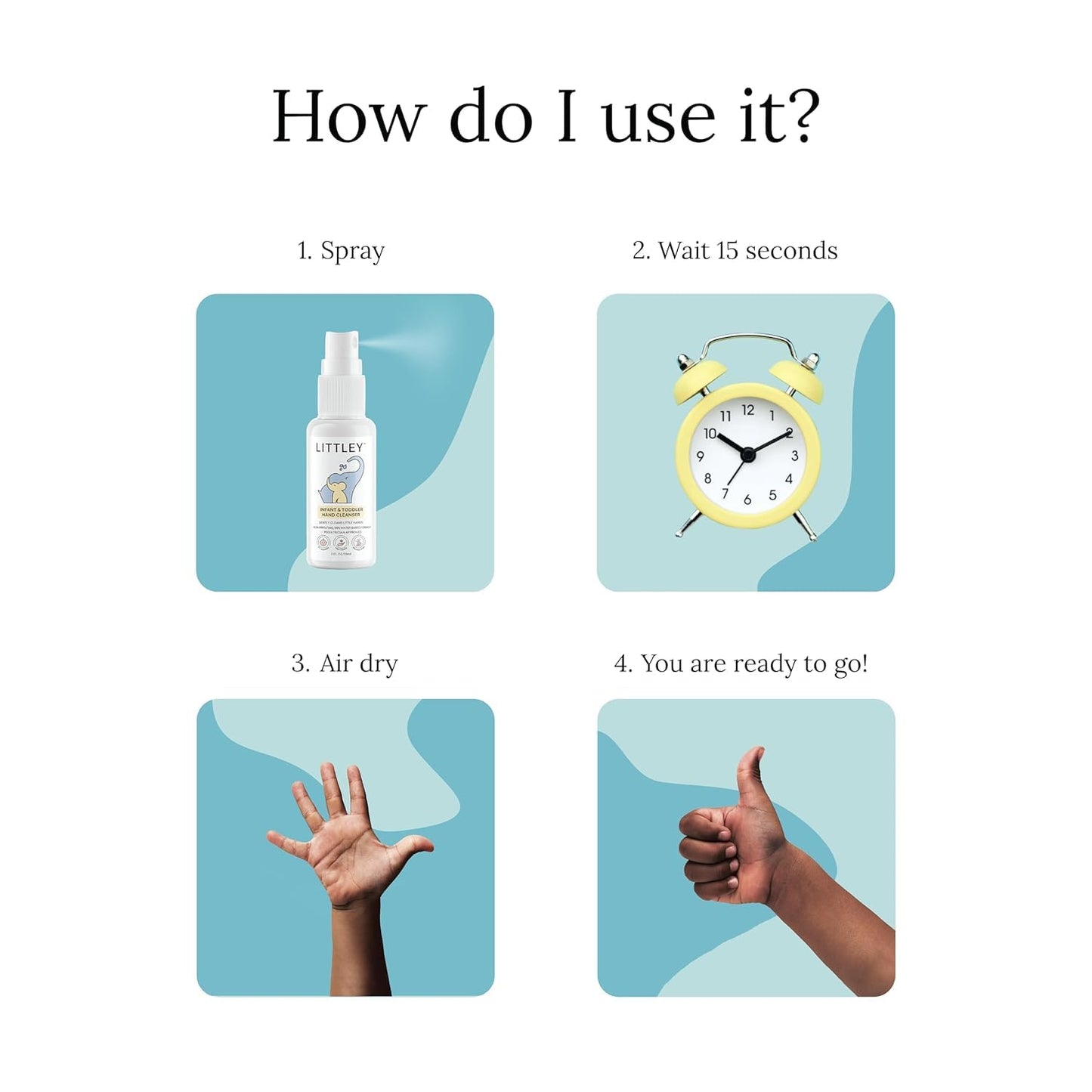 Parent using Littley spray on toddler hands