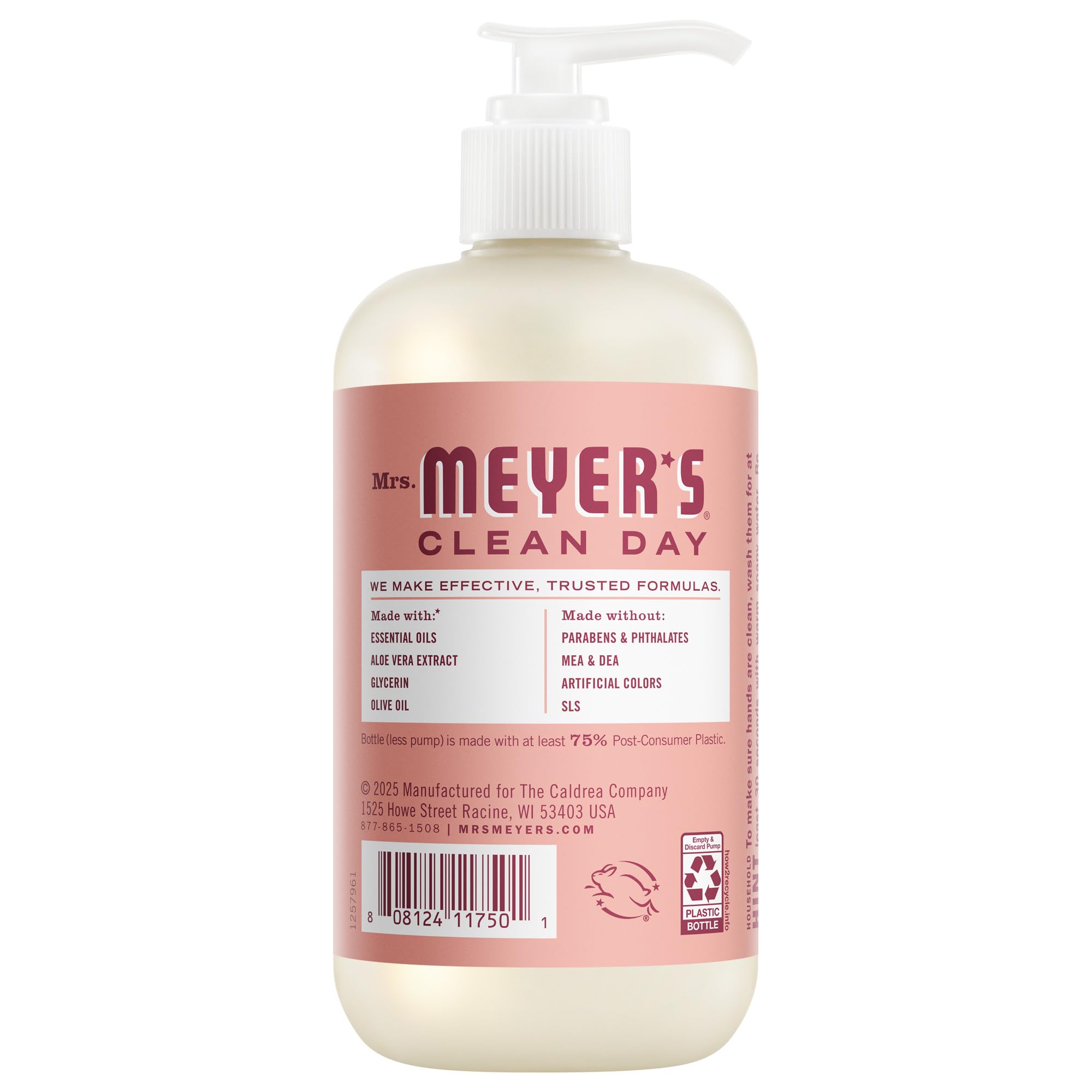 Close up of the label on Mrs. Meyer's Rose liquid hand soap highlighting the essential oil ingredients