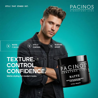 Pacinos Matte Hair Paste brand logo and jar