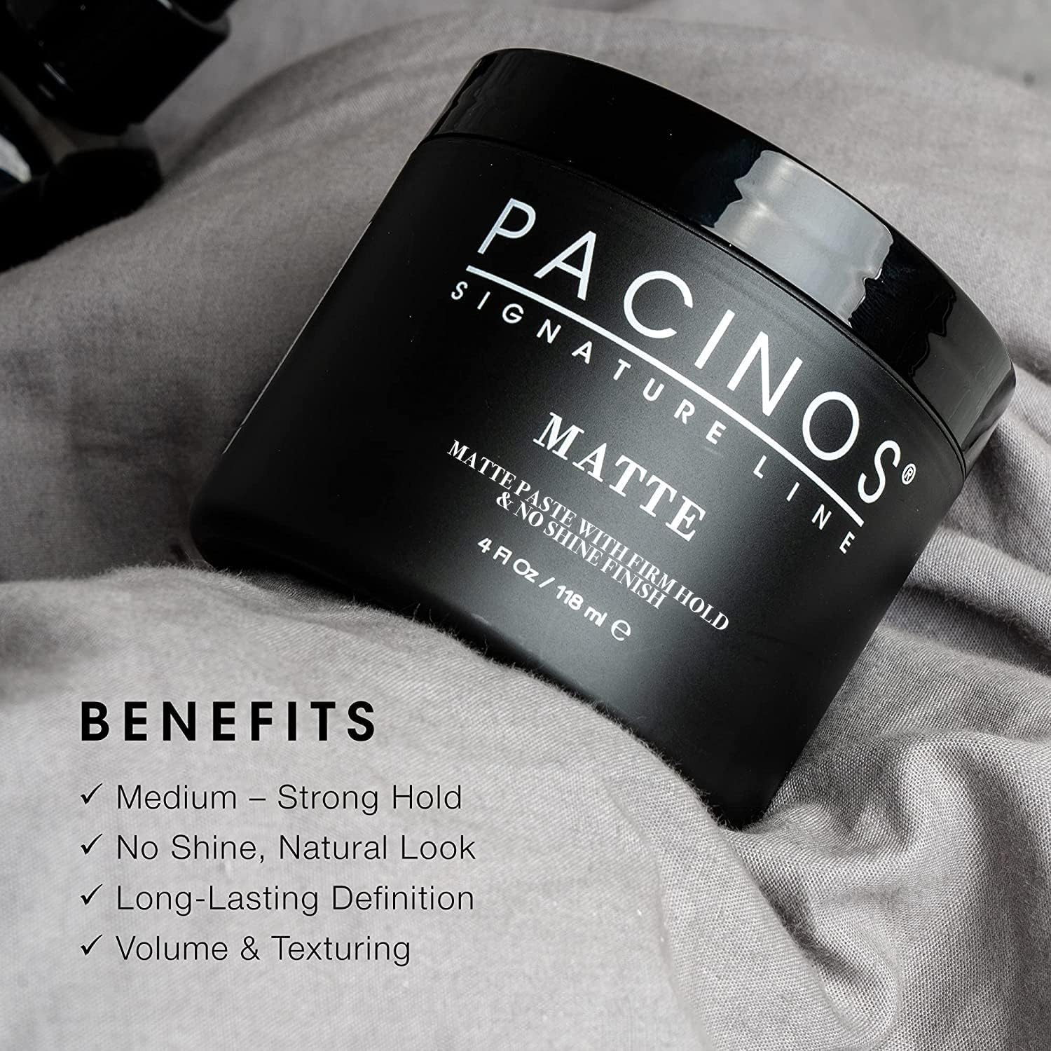 Side view of Pacinos Matte Hair Paste 4 fluid ounce jar