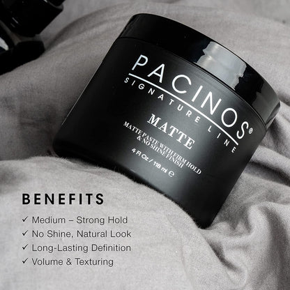 Side view of Pacinos Matte Hair Paste 4 fluid ounce jar