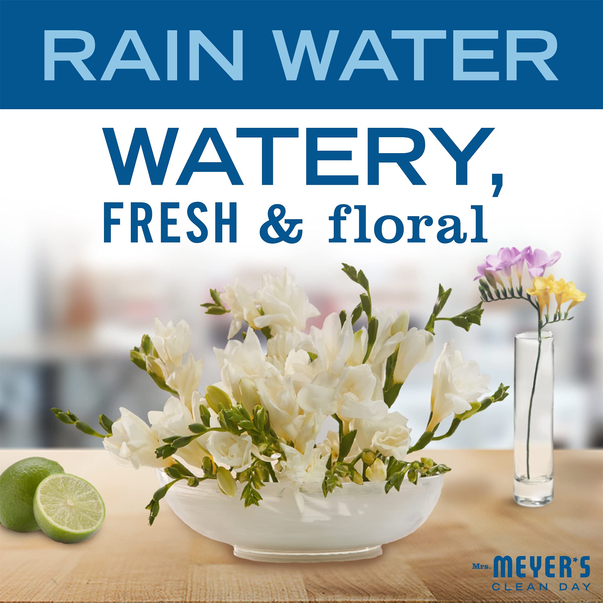 Close up of Mrs. Meyer's Rain Water scent concentrated soap refill bottles