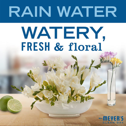 Close up of Mrs. Meyer's Rain Water scent concentrated soap refill bottles