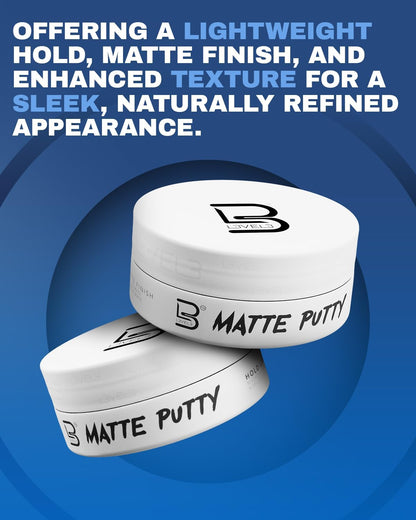 L3 Level 3 Matte Putty jar displayed with hair styling tools