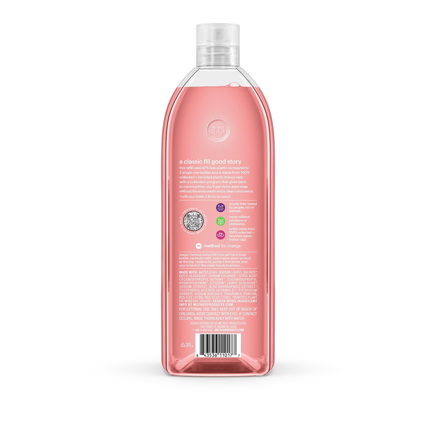 Method liquid hand wash refill thirty four fluid ounce packaging displaying the ingredient list and product benefits