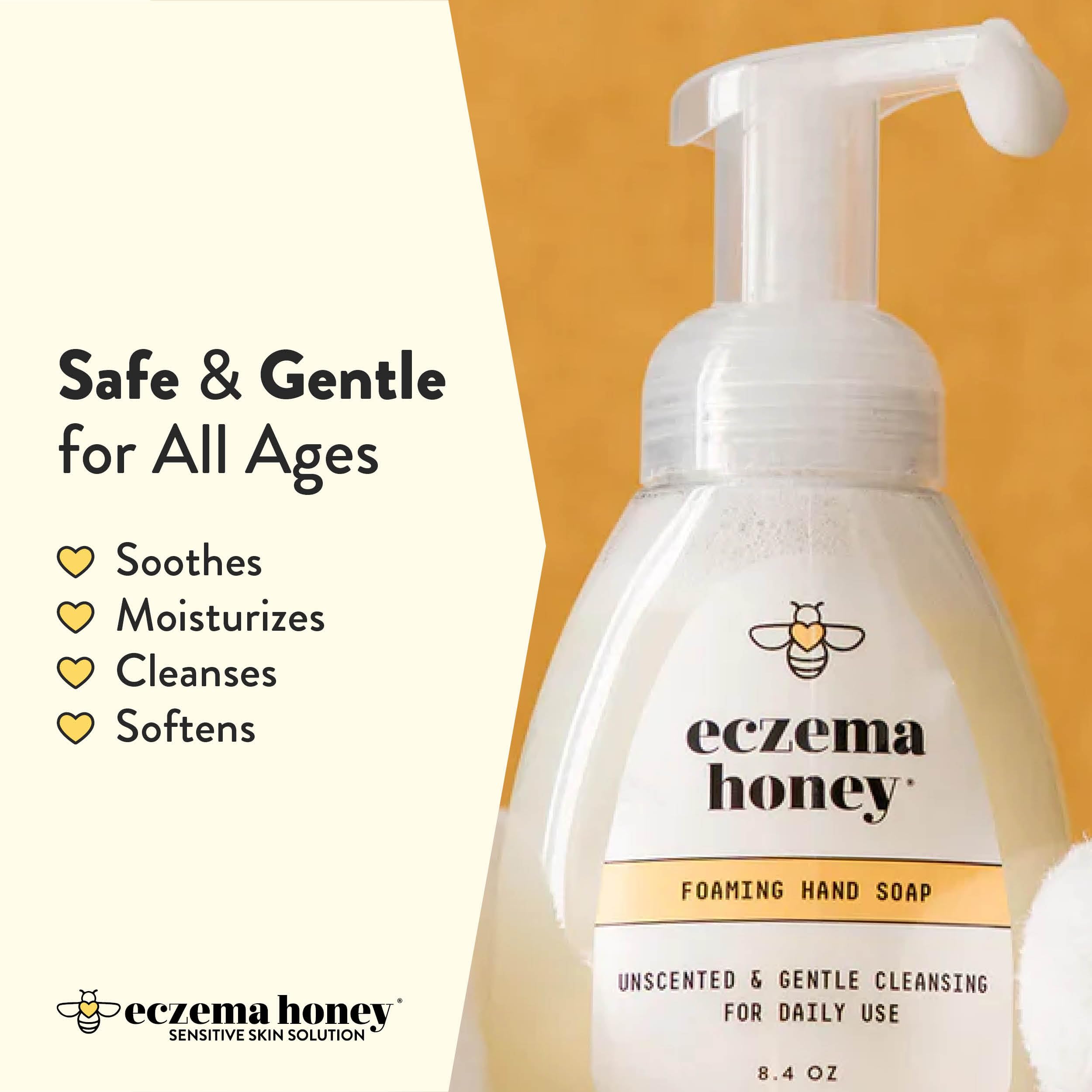 Eczema Honey hand soap showing organic honey and oatmeal ingredients