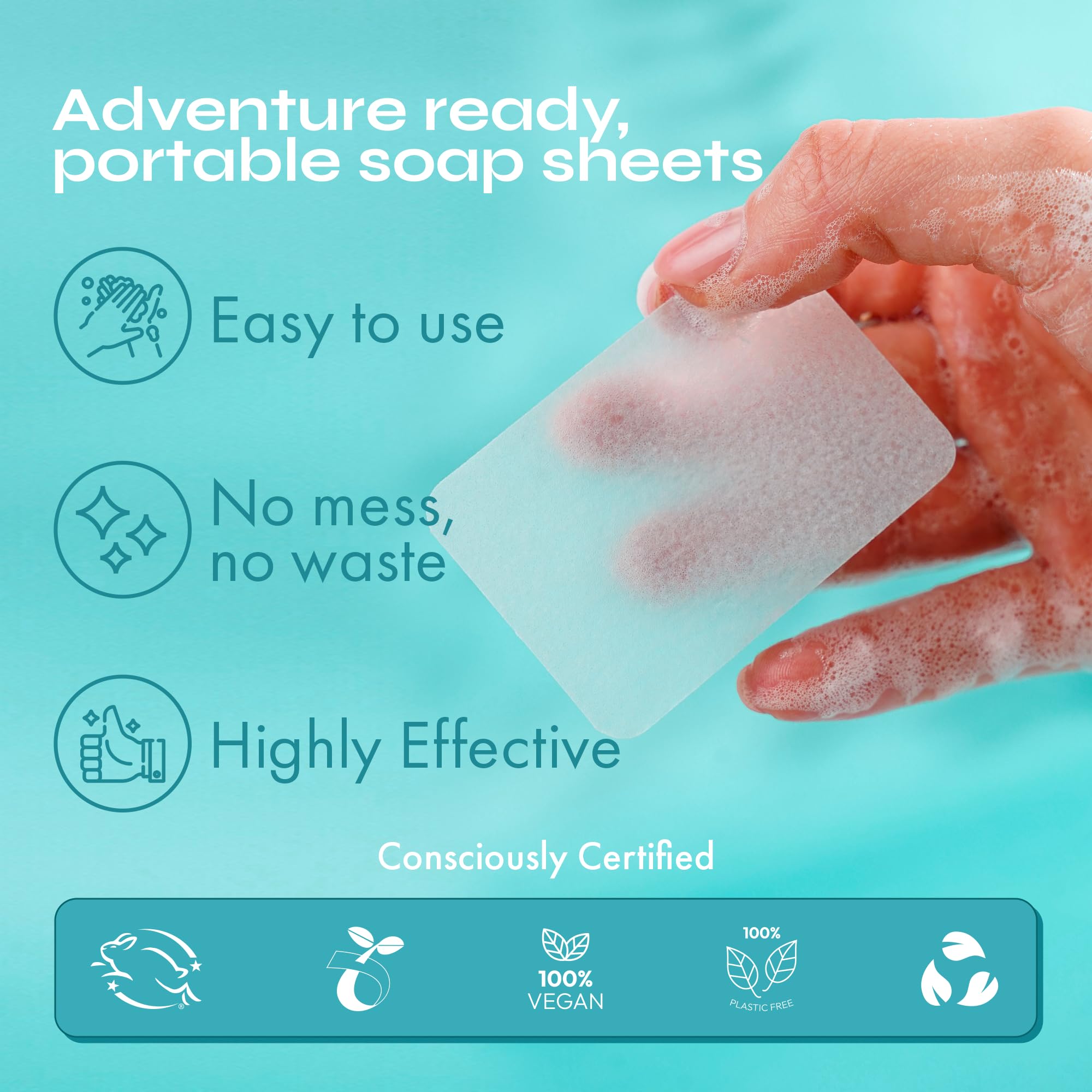 FOMIN orange tea tree and lavender portable soap sheets for hand washing on a travel background.