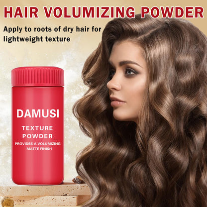Damusi hair volume powder packaging showing matte finish benefits