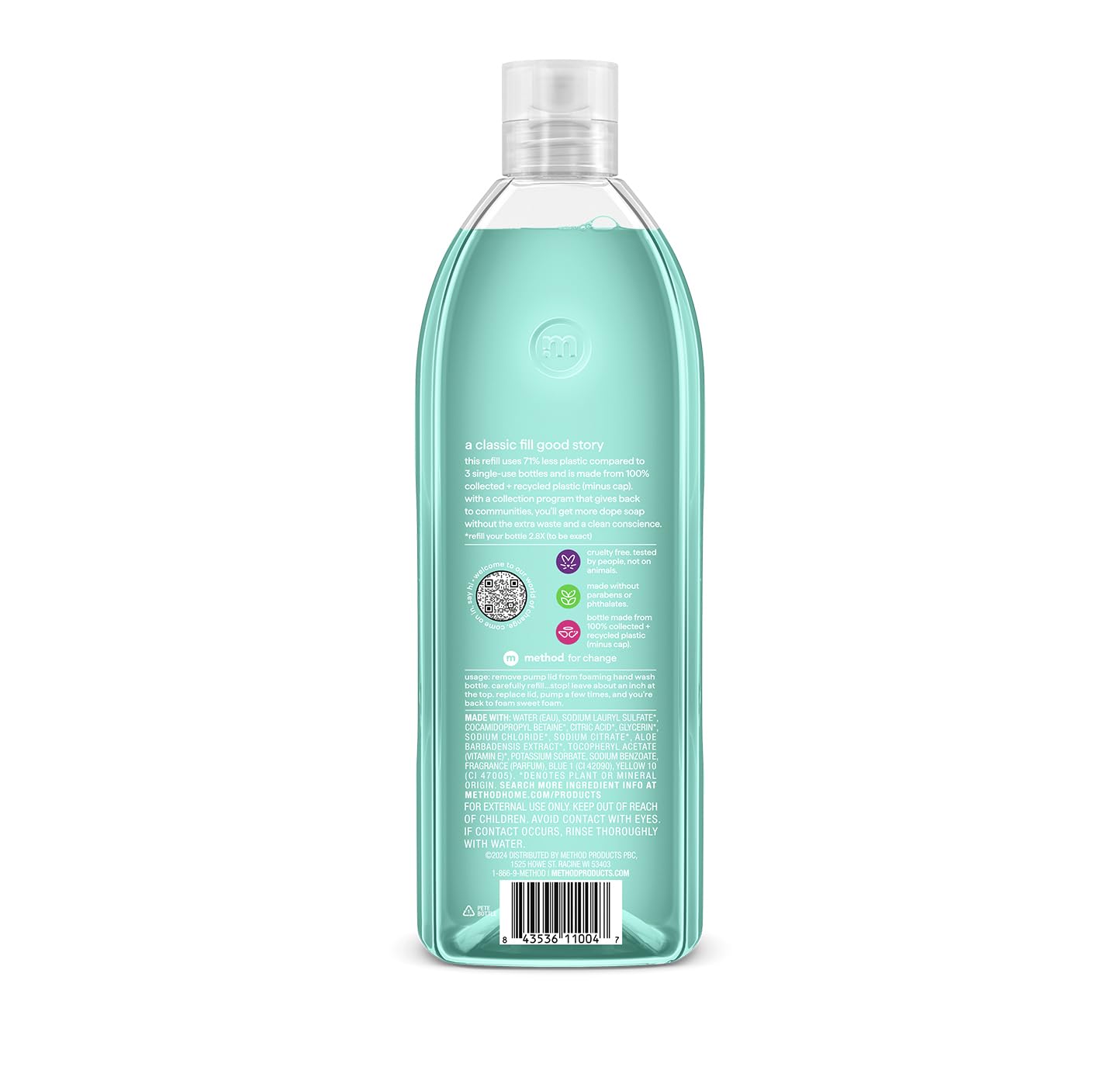 Method foaming hand wash refill bottle showing the biodegradable plant based formula details