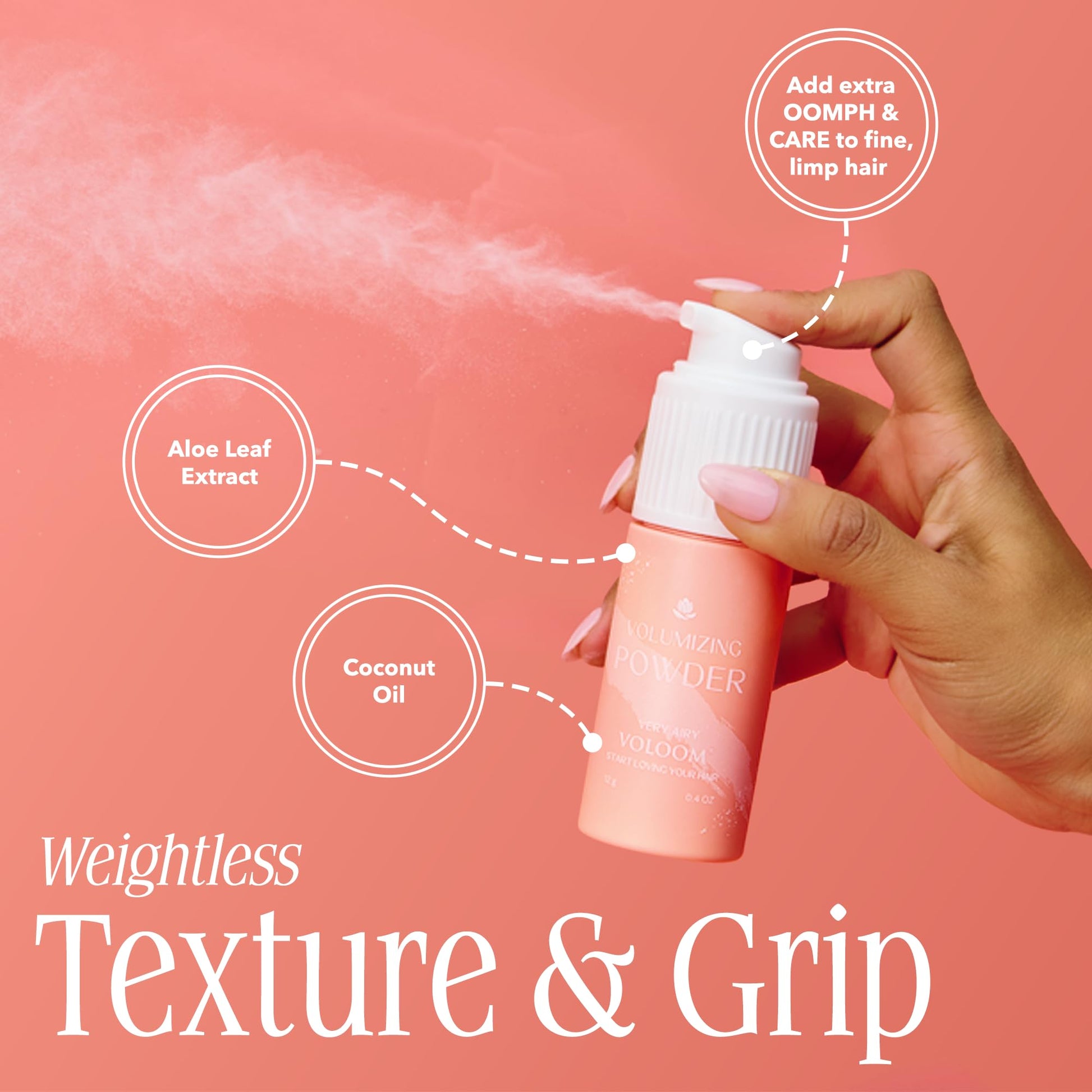 Back view of Voloom hair styling powder bottle
