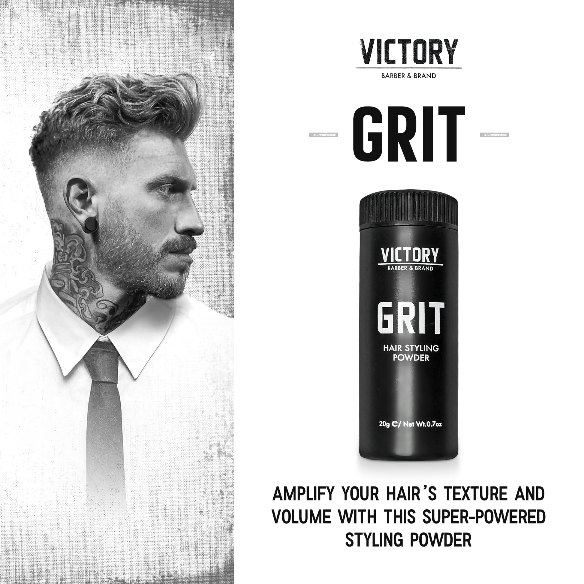Close up of Victory Barber and Brand matte styling powder packaging
