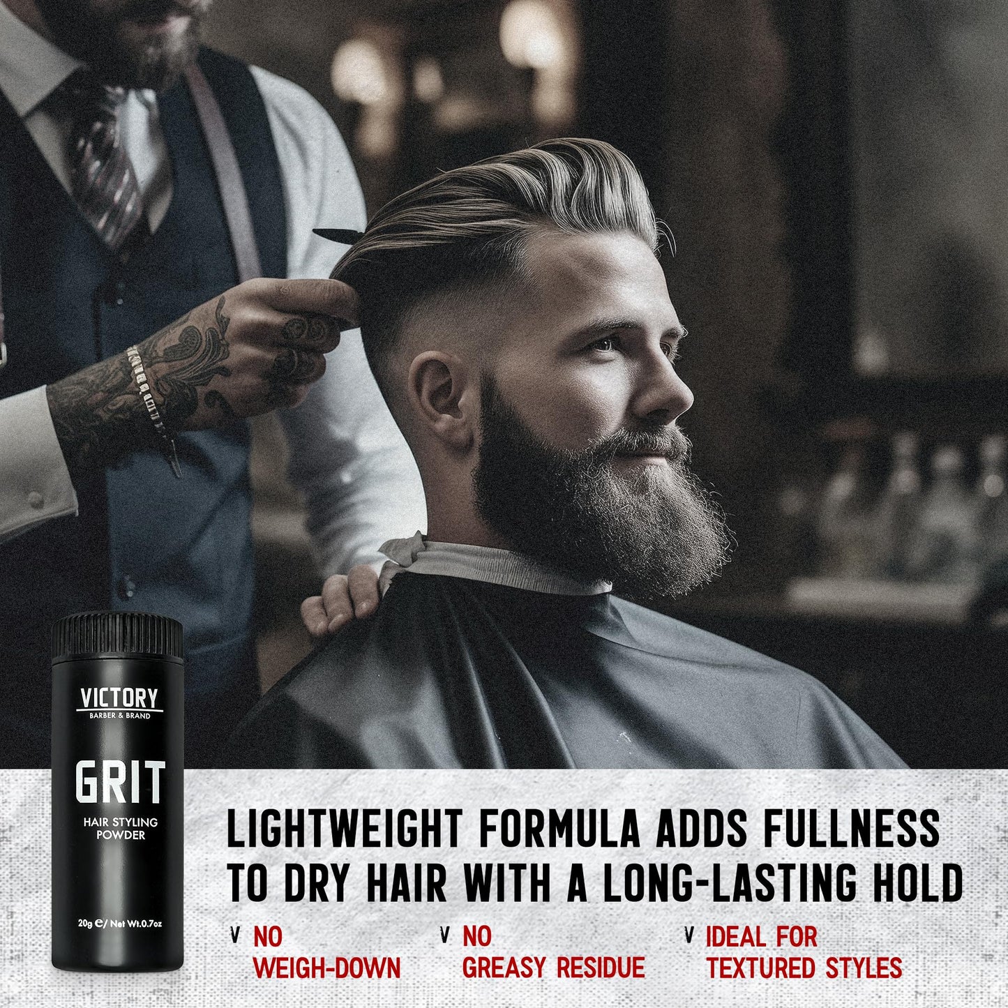 Back view of Victory Barber and Brand hair powder bottle