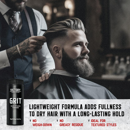 Back view of Victory Barber and Brand hair powder bottle