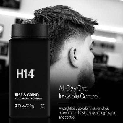 H14 Rise and Grind hair powder for men in travel packaging