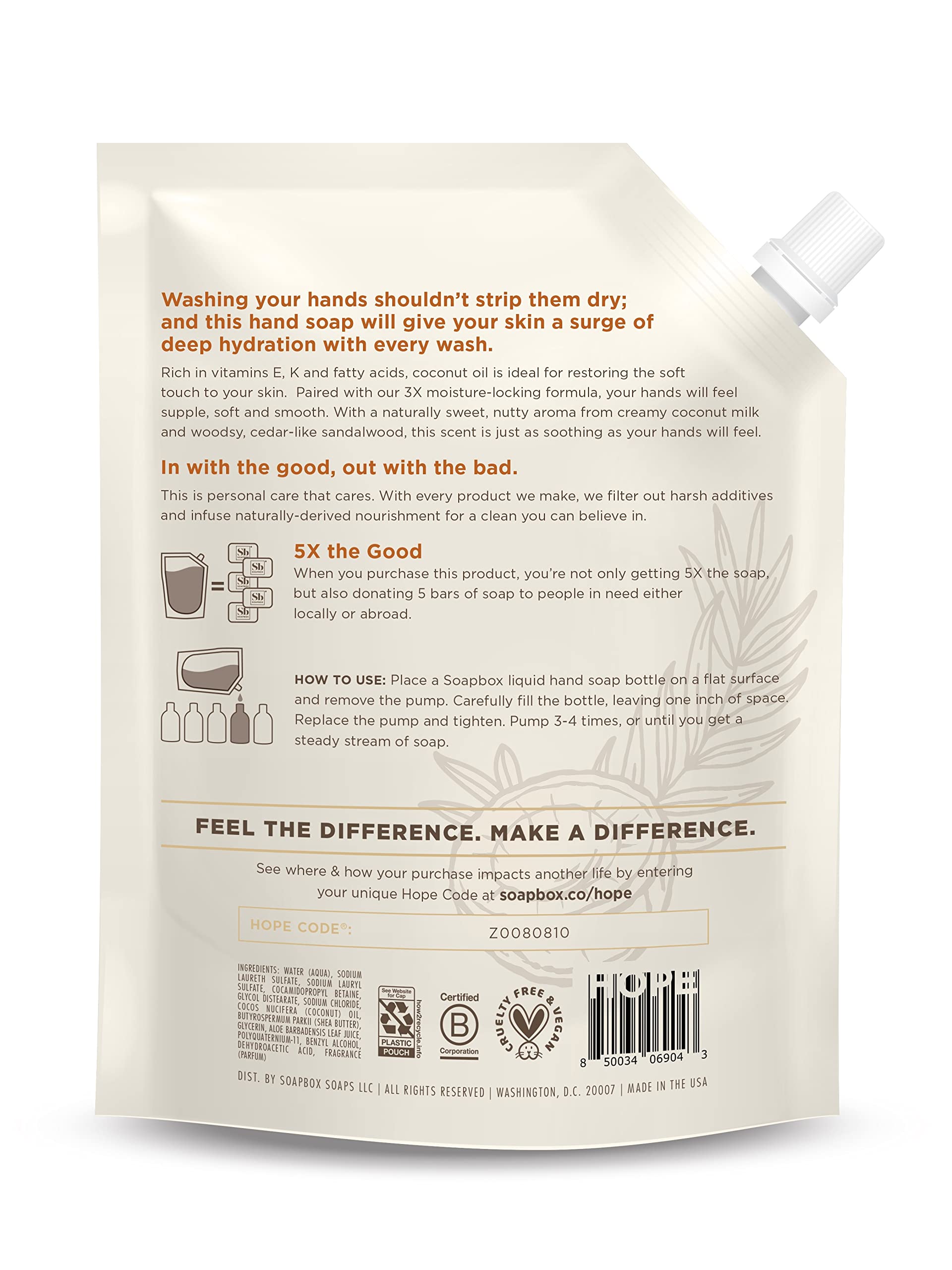Detailed label view of Soapbox vegan hand soap refill