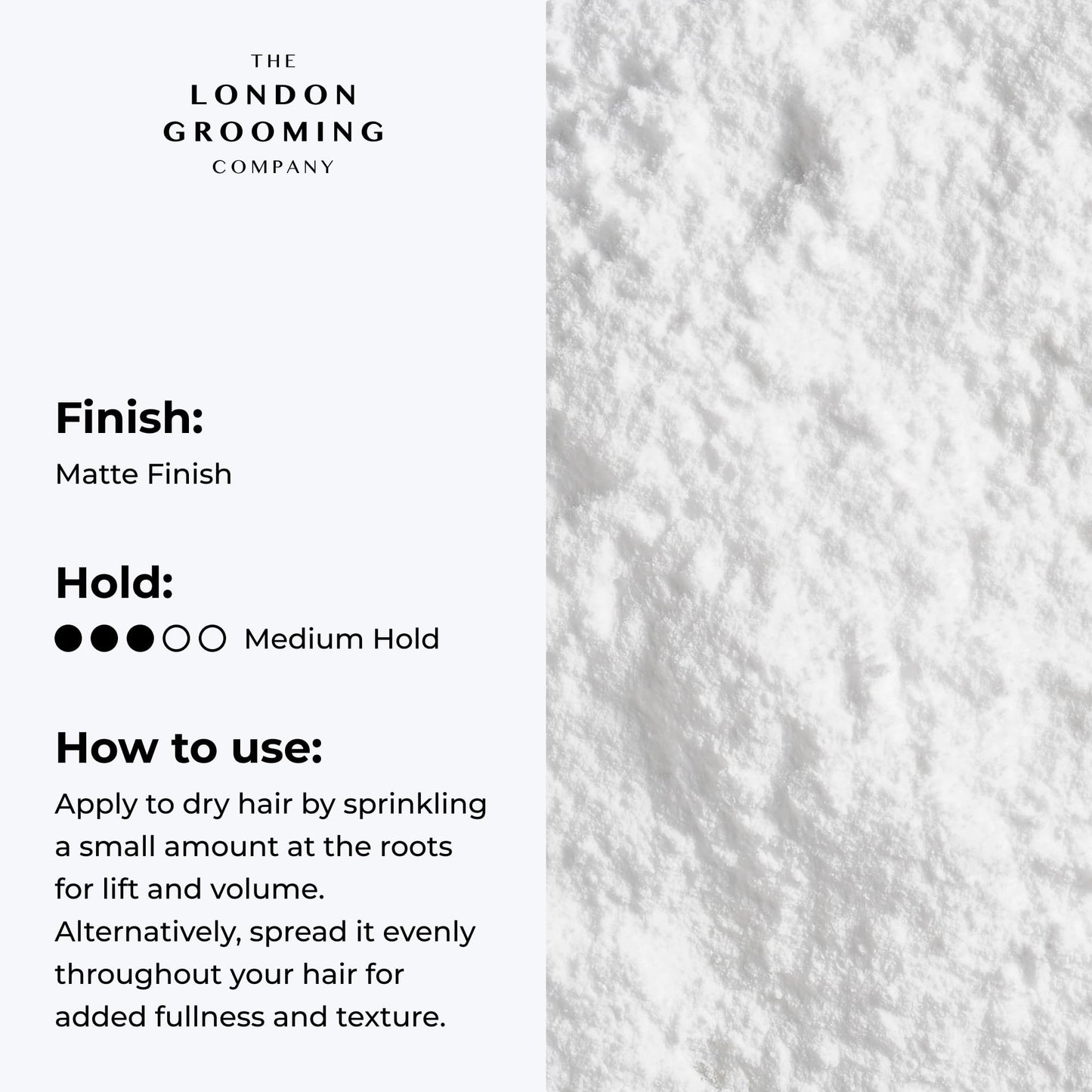 Back label of The London Grooming Company styling powder