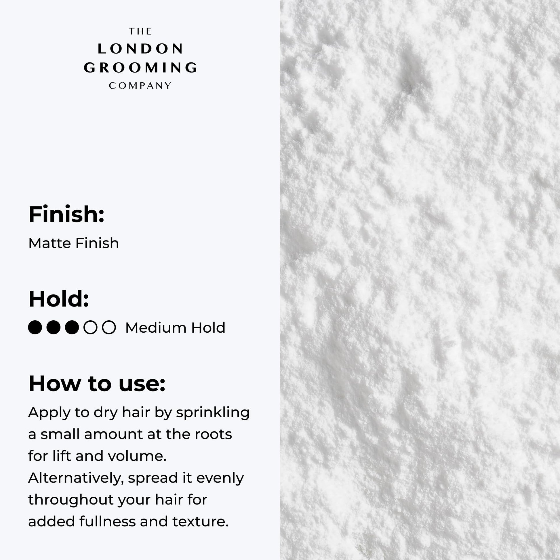 Back label of The London Grooming Company styling powder