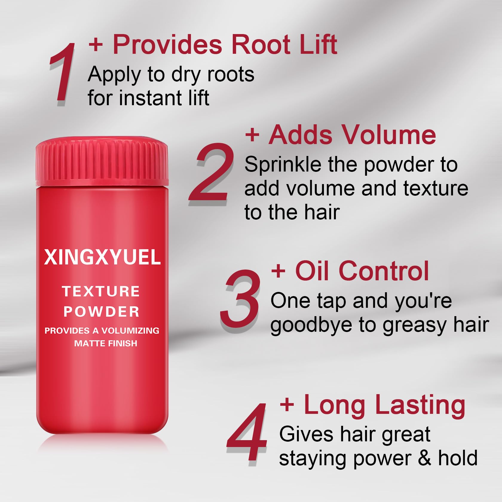 Texture powder bottle showing mattifying formula benefits