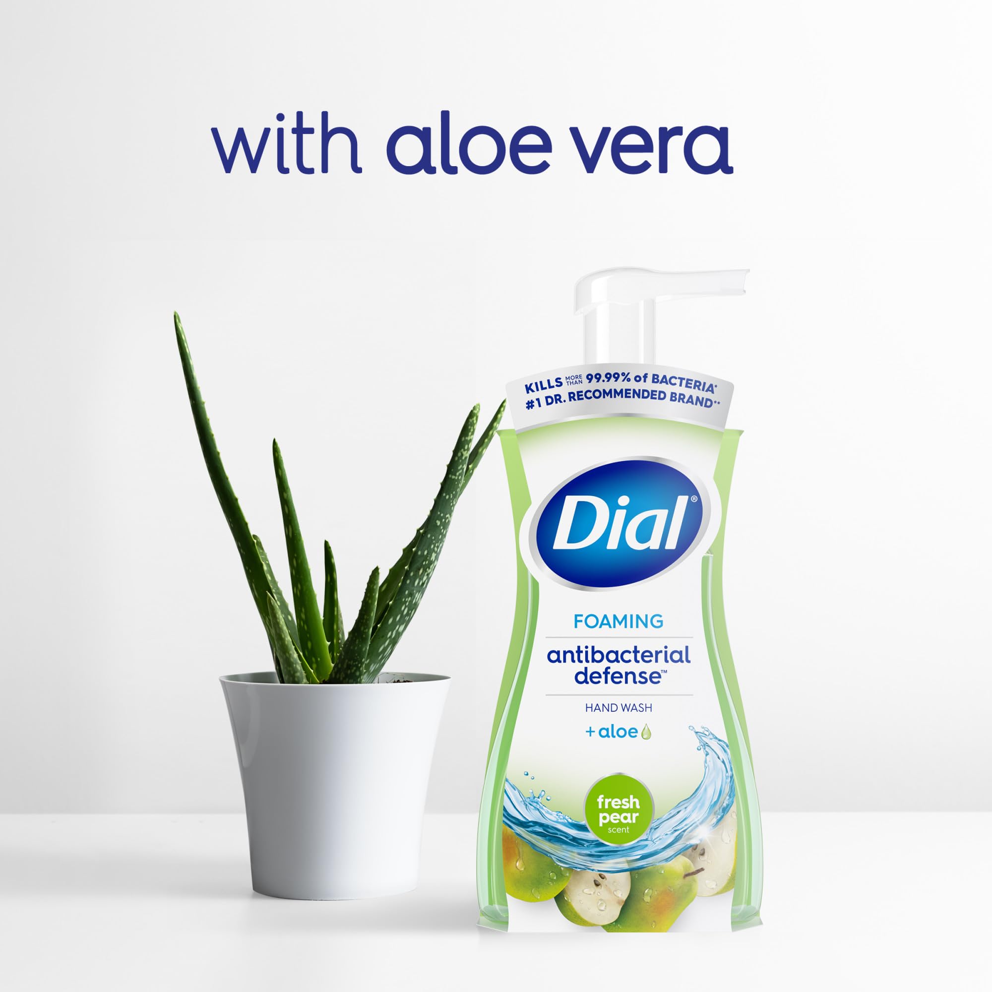 Dial hand soap packaging with aloe and pear illustrations