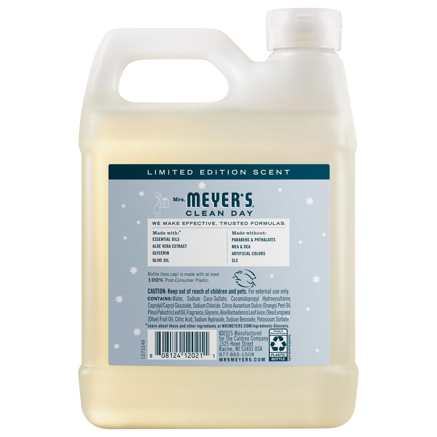 Mrs. Meyer's Snowdrop liquid hand soap thirty-three fluid ounce packaging back label