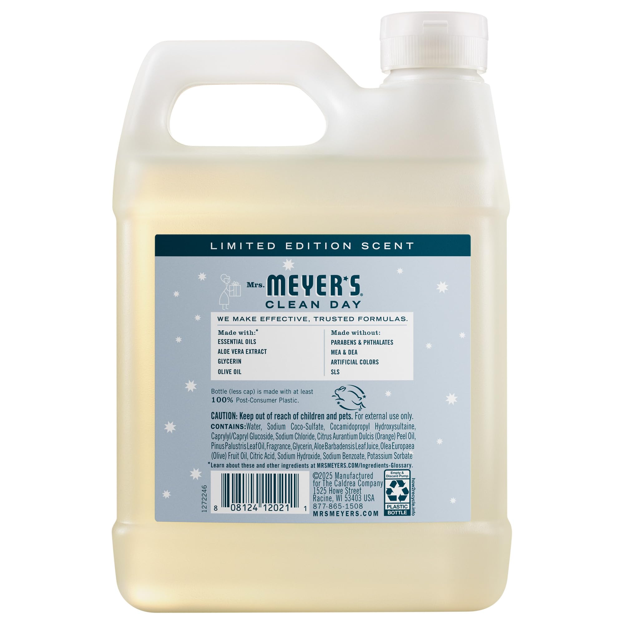 Mrs. Meyer's Snowdrop liquid hand soap thirty-three fluid ounce packaging back label