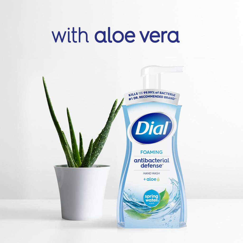 Dial hand soap packaging showing aloe vera and antibacterial defense icons