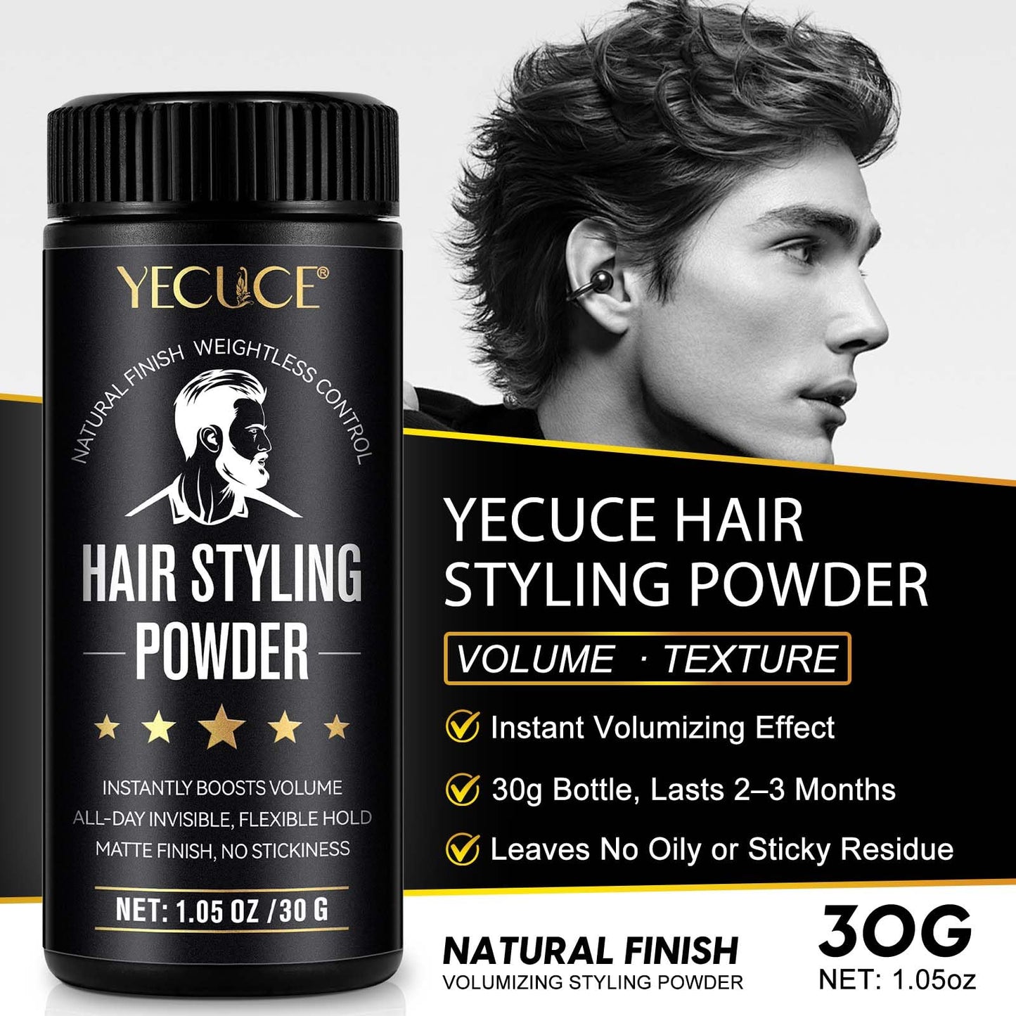 Yizemay hair powder side profile showing 30 gram size