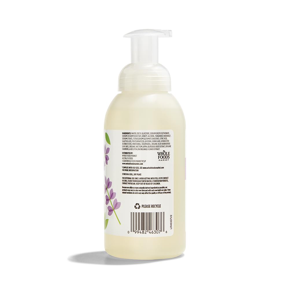 Natural lavender foaming hand soap bottle with pump dispenser close up
