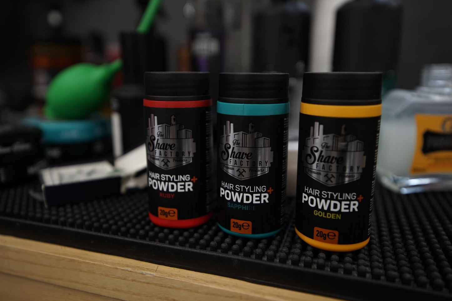 Close up of The Shave Factory Sapphire hair powder container