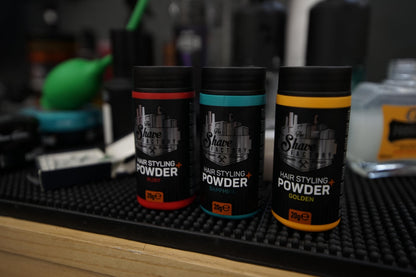 Close up of The Shave Factory Sapphire hair powder container