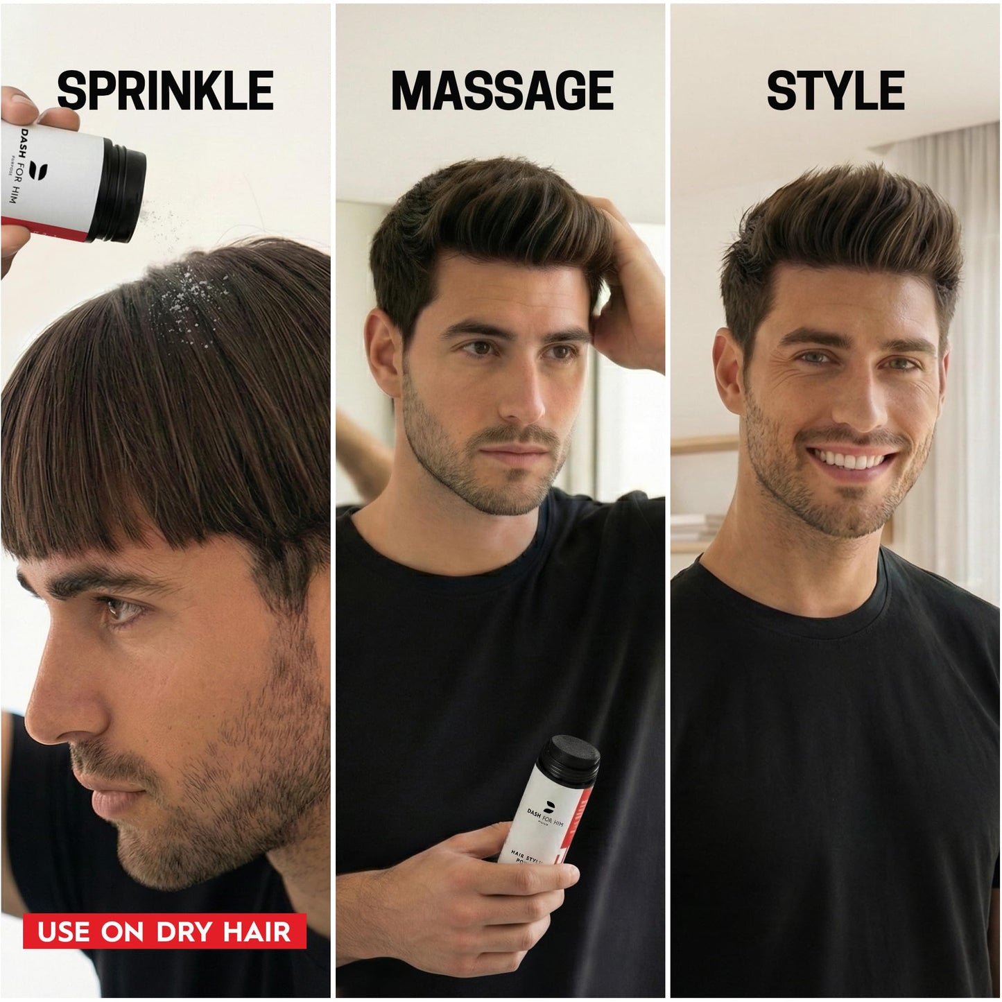 Dash For Him volumizing hair powder application on dry hair roots