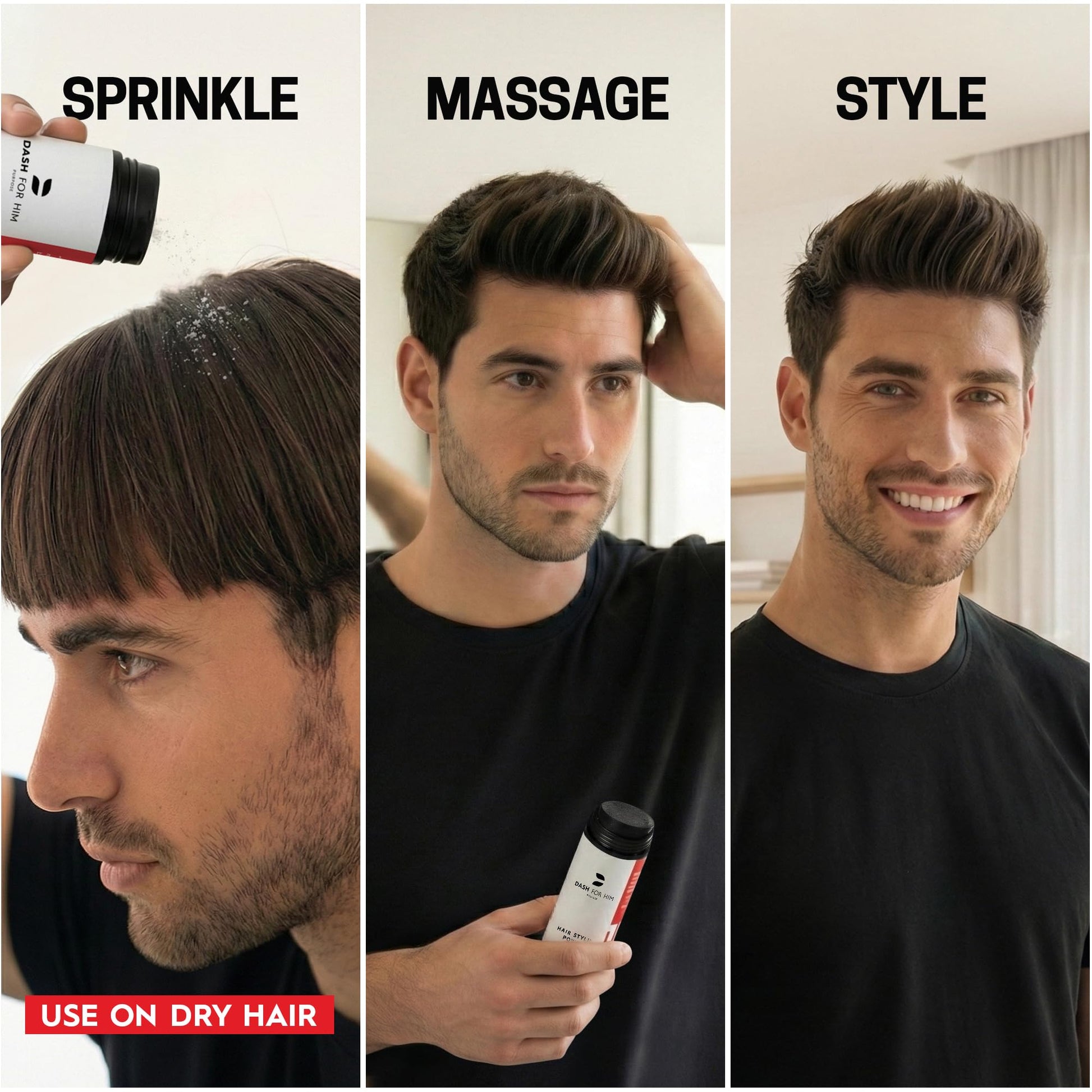 Dash For Him volumizing hair powder application on dry hair roots