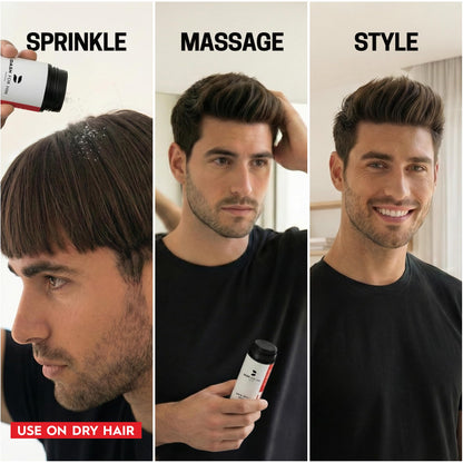 Dash For Him volumizing hair powder application on dry hair roots