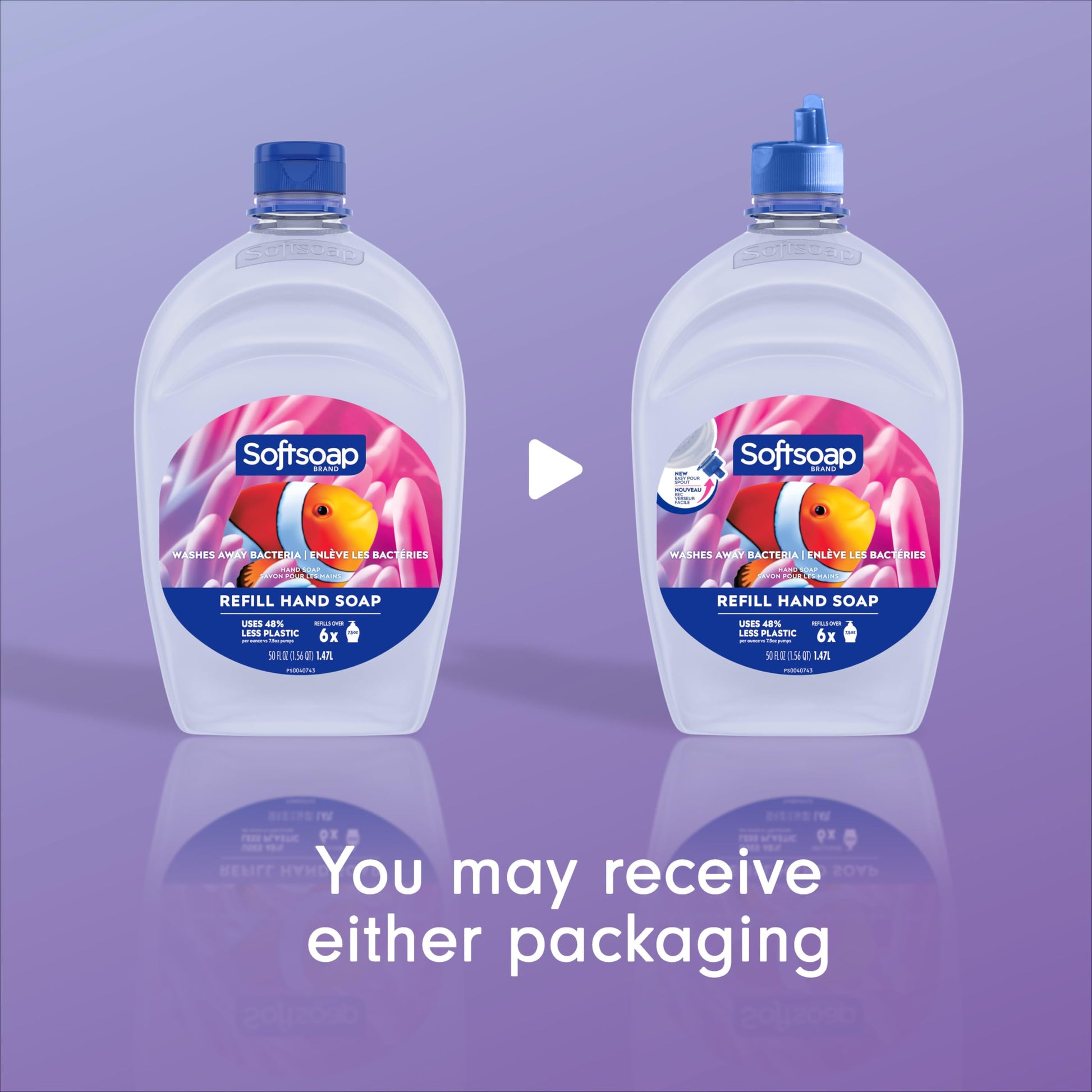Softsoap bulk liquid hand soap packaging detailing the new easy pour spout mechanism.