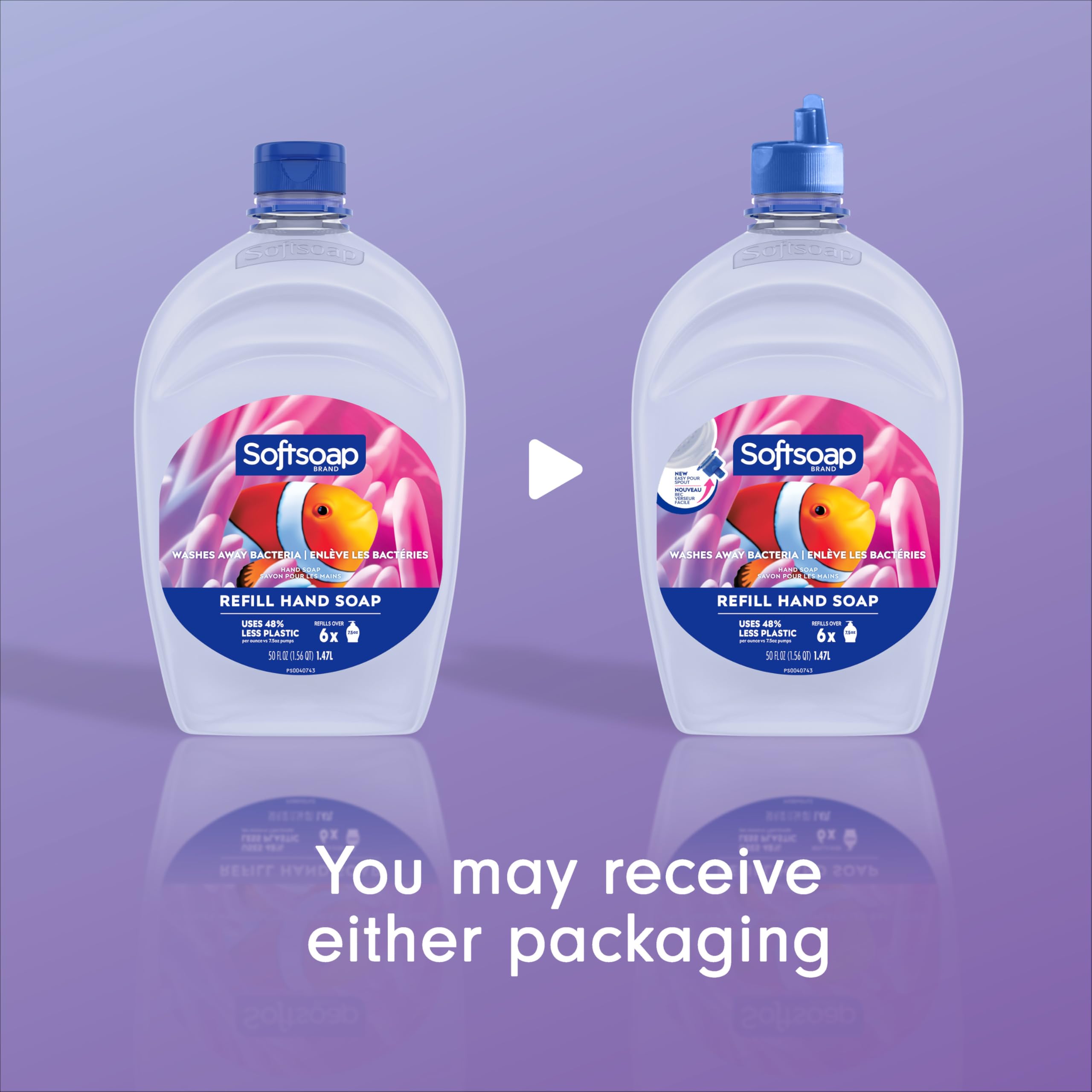 Softsoap bulk liquid hand soap packaging detailing the new easy pour spout mechanism.