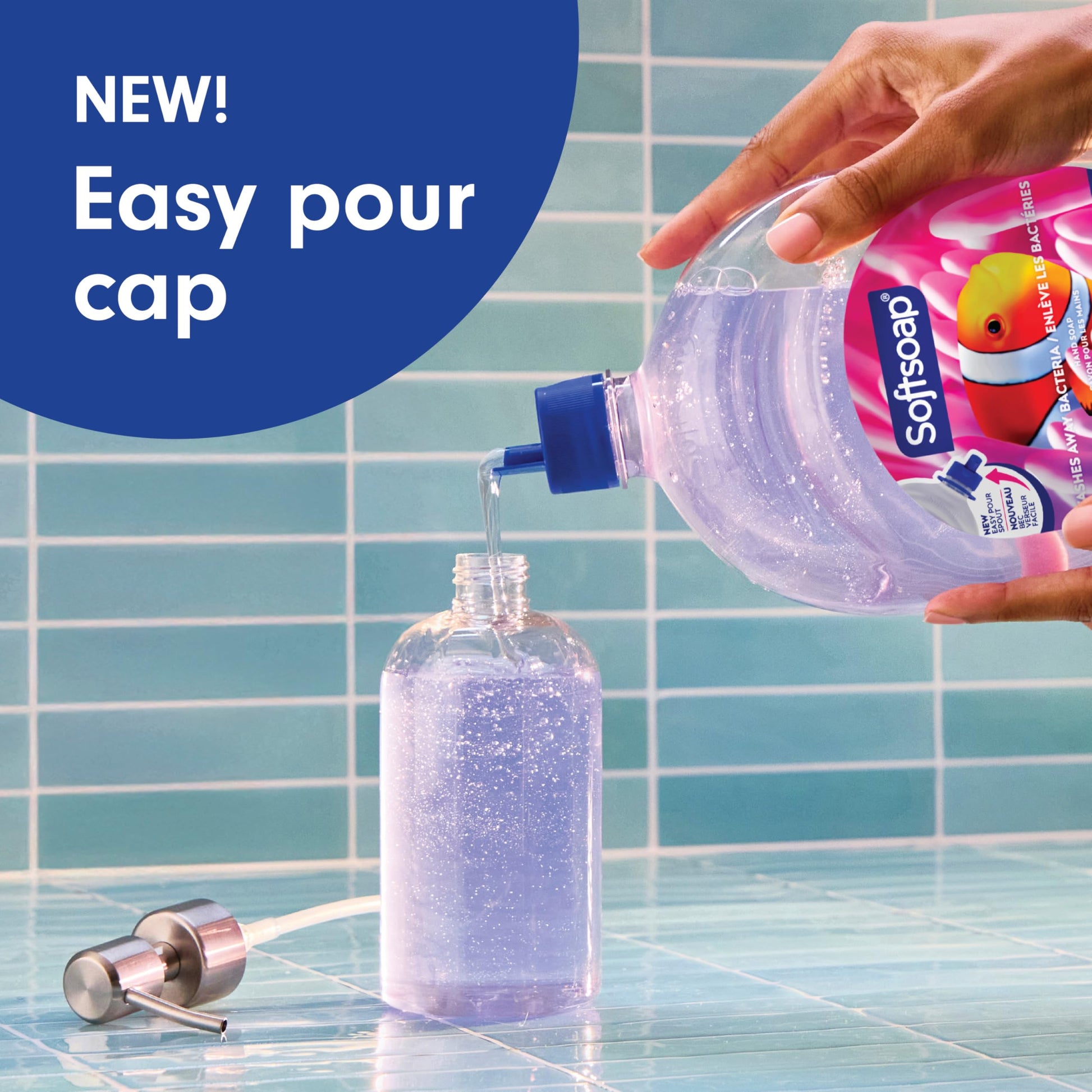 Side view of authentic Softsoap Aquarium Series fifty fluid ounce imported liquid hand soap.