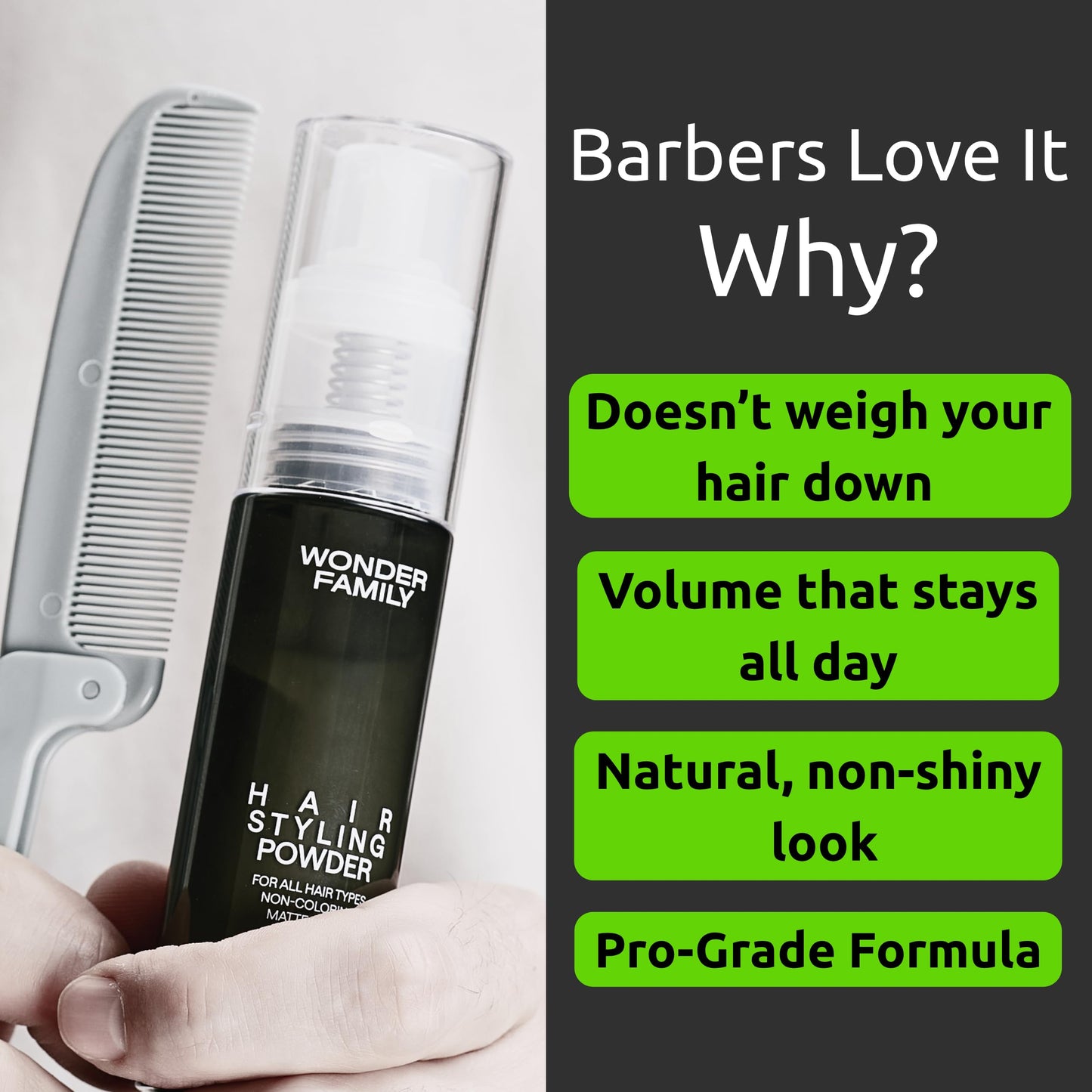 Man using Wonder Family hair dust for volume