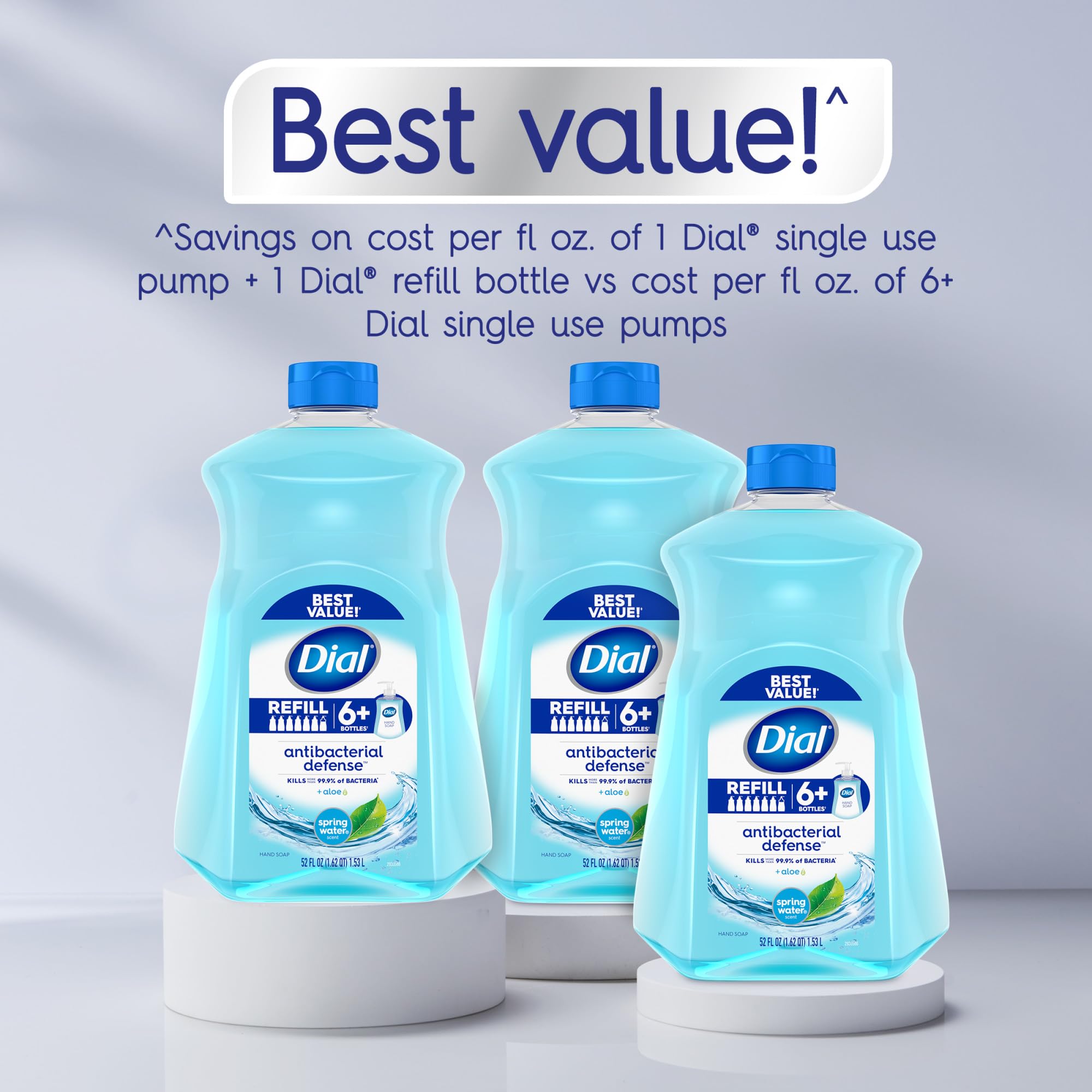 Side angle shot of fifty two fluid ounce Dial liquid soap refill containers highlighting the clear packaging.