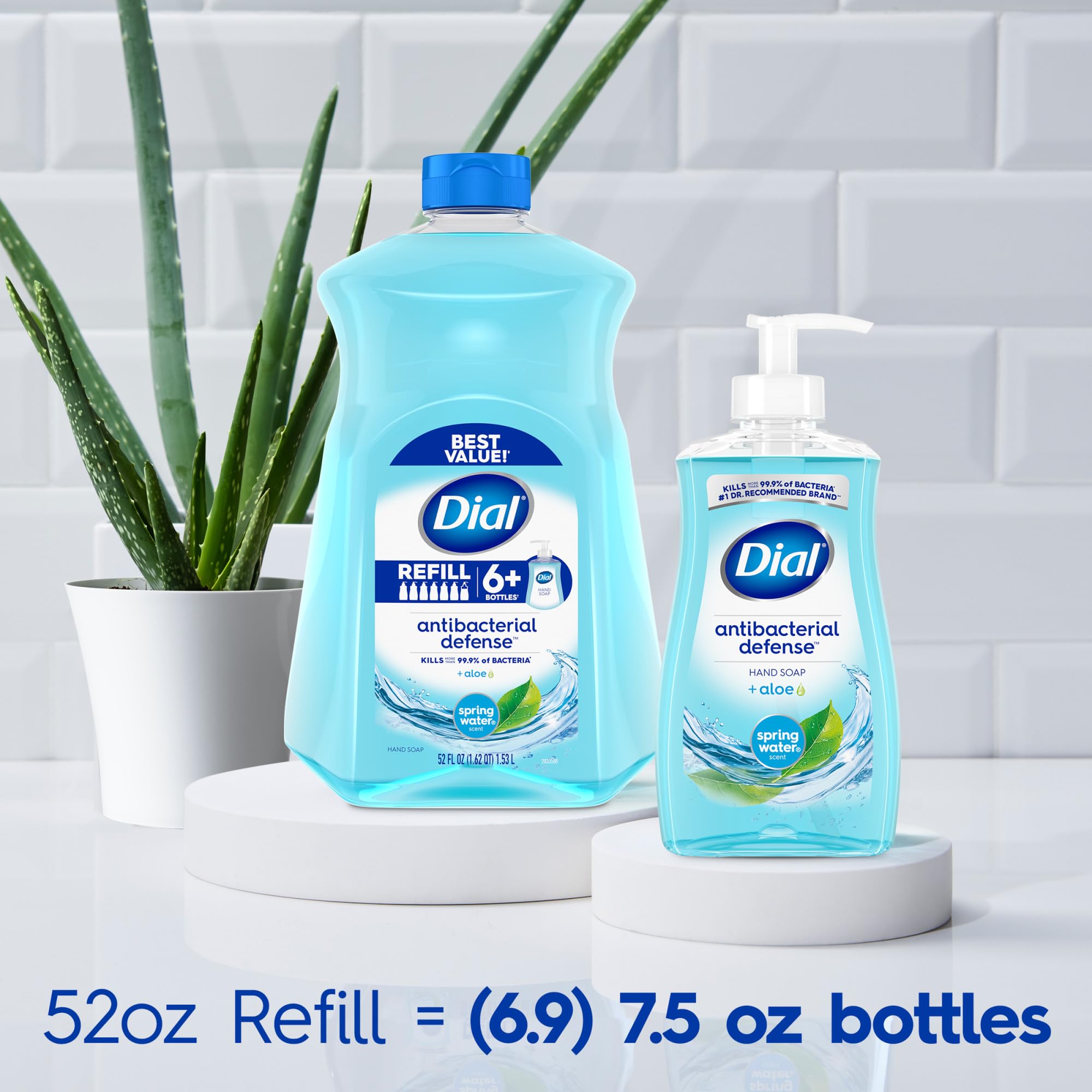 Dial spring water liquid hand soap packaging emphasizing the paraben free and silicone free icons.