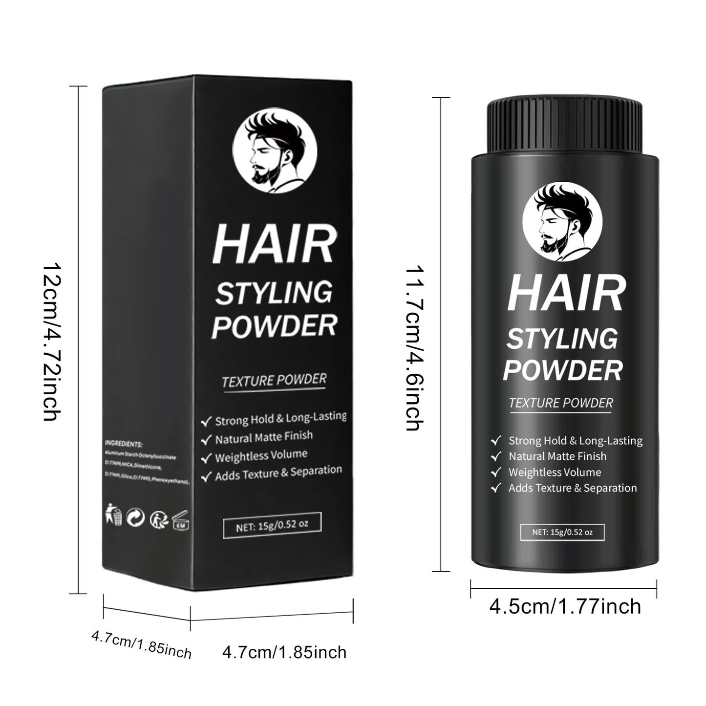 Lifestyle shot of Damusi hair styling powder on a grooming table