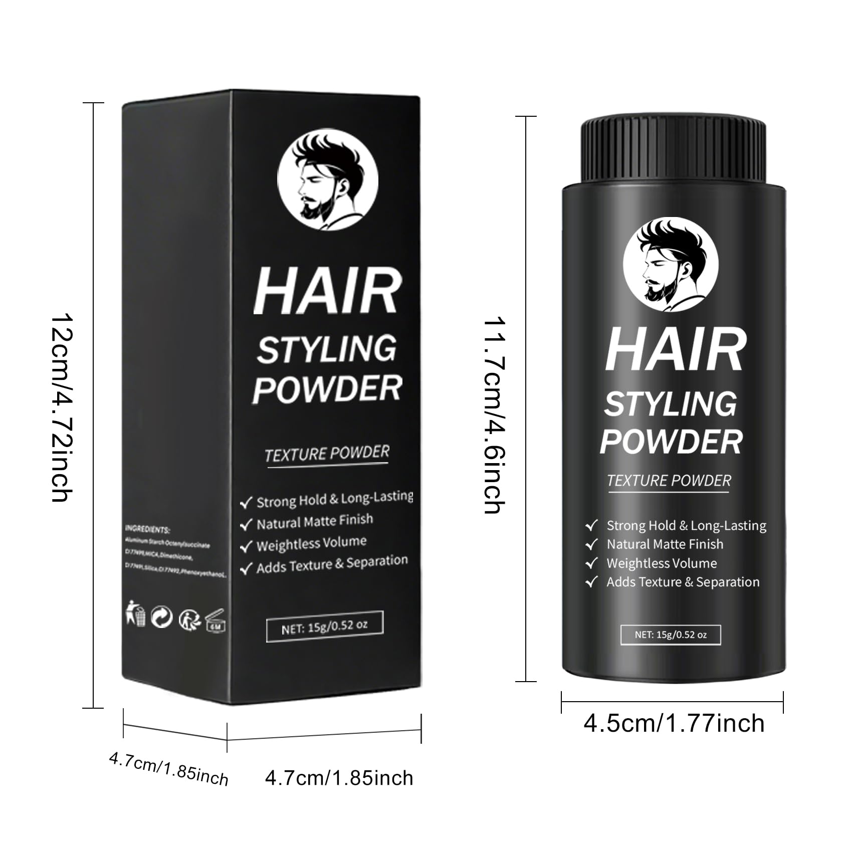 Lifestyle shot of Damusi hair styling powder on a grooming table