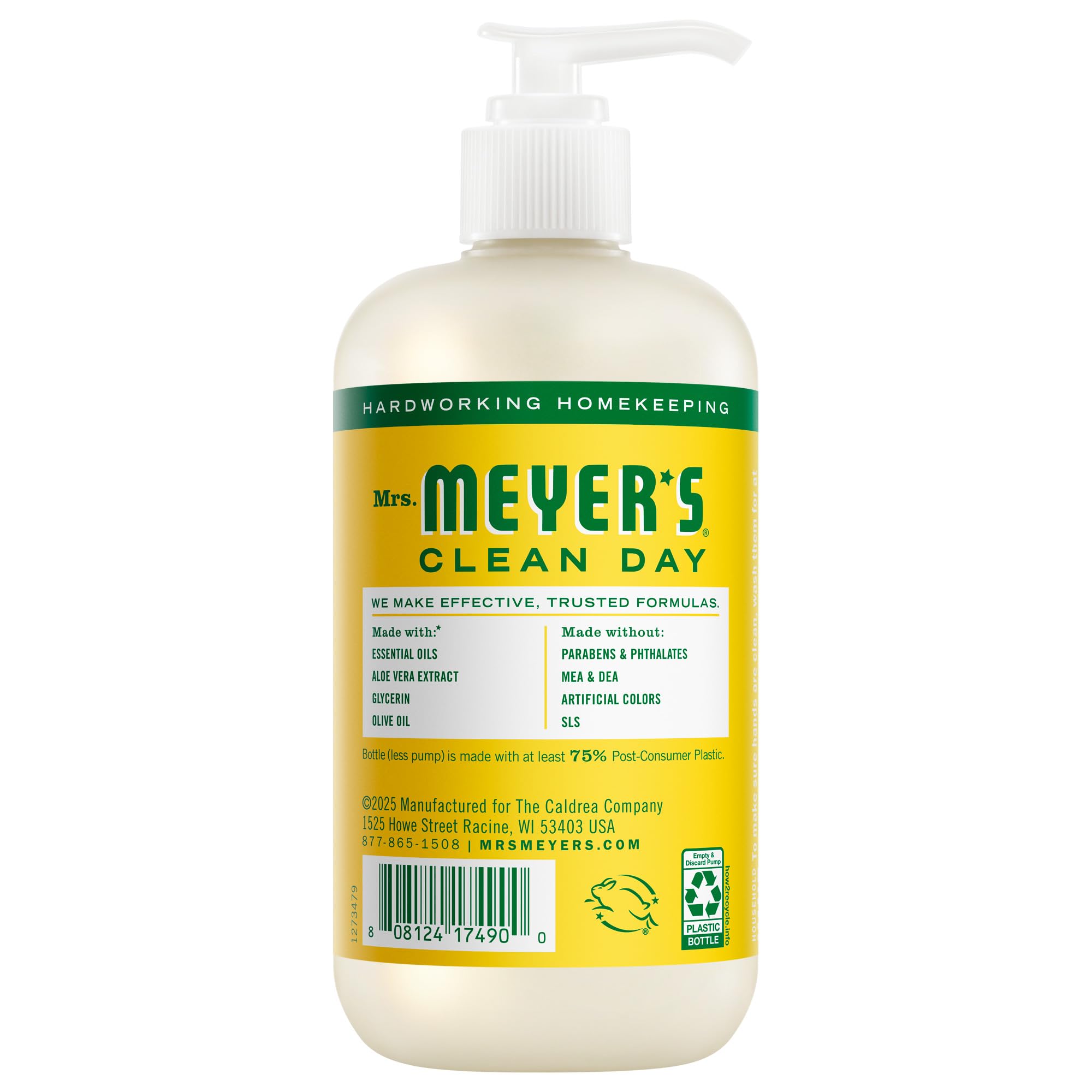 Mrs. Meyer's honeysuckle hand soap bottles showing plant derived ingredients list