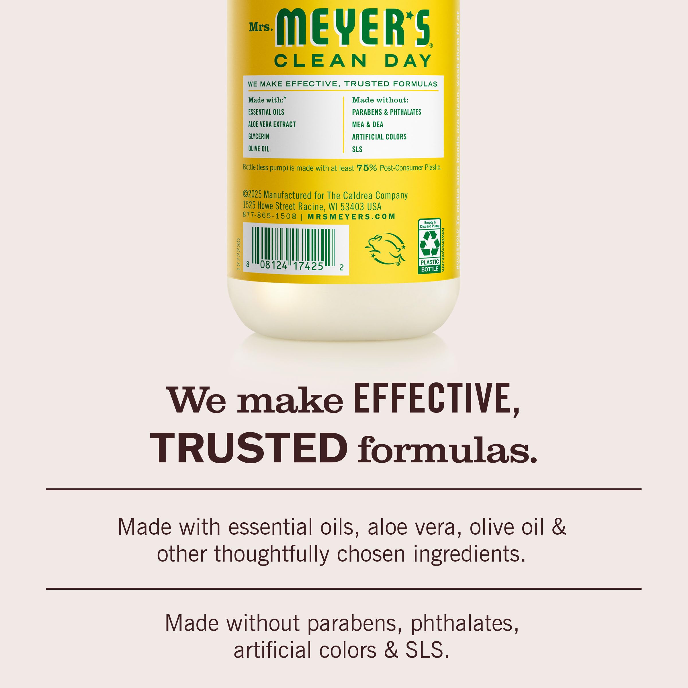 Back label view of Mrs. Meyer's paraben free hand soap highlighting product safety