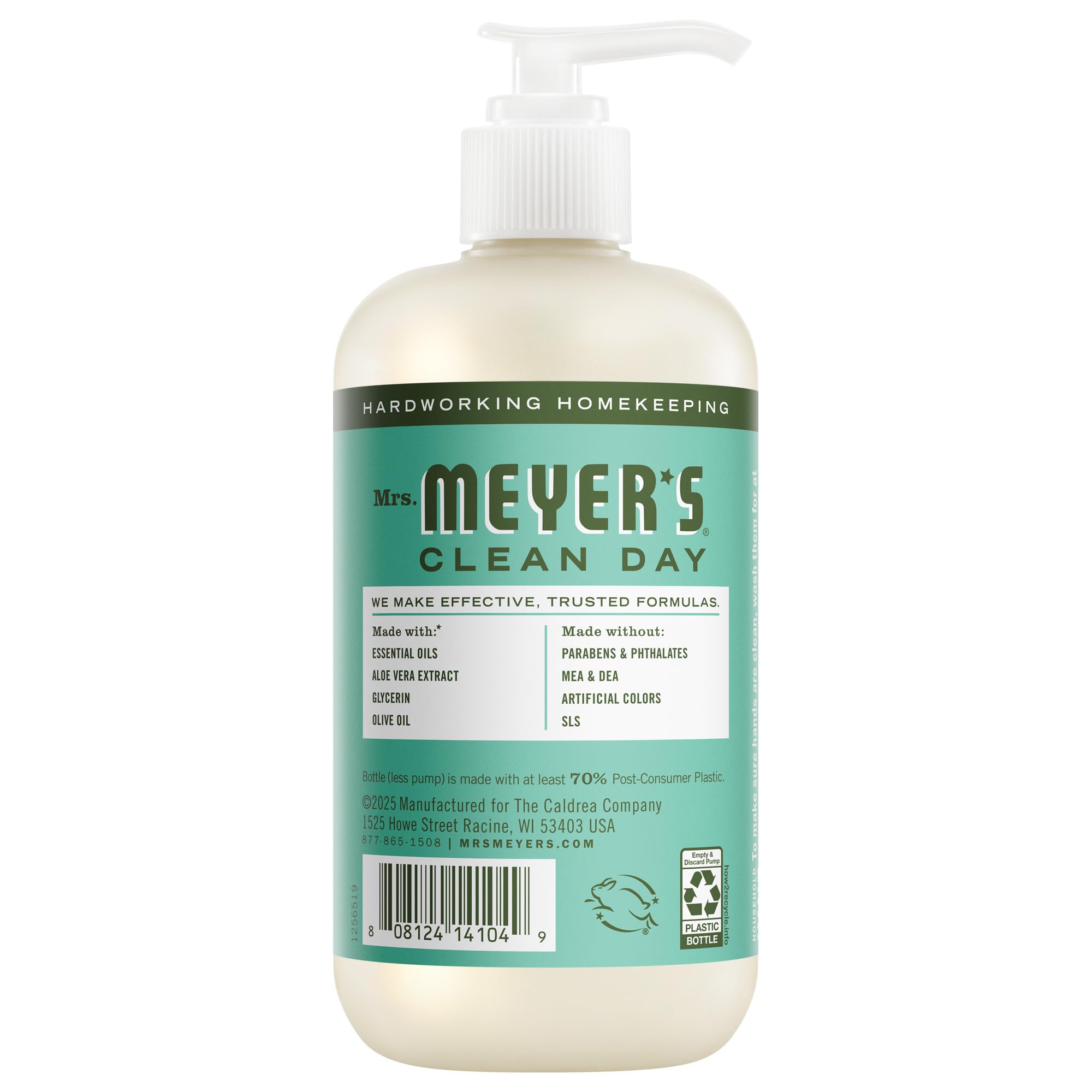 Three bottles of Mrs. Meyer's Basil scent liquid hand soap arranged neatly on a counter