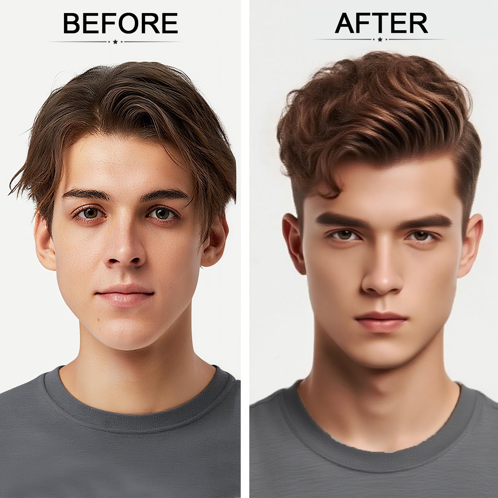 Comparison showing flat hair versus voluminous hair using Damusi powder