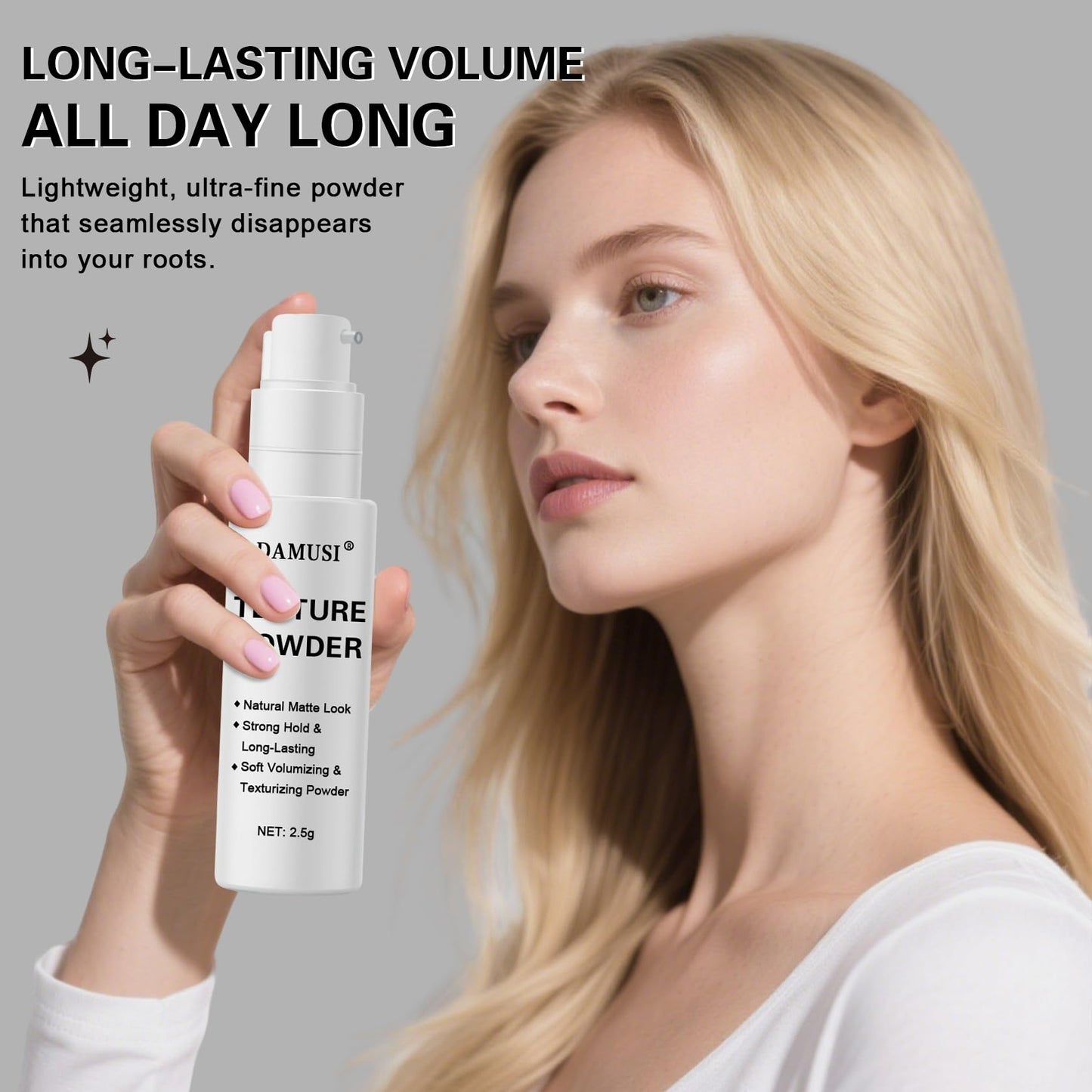 Texture powder bottle showing matte finish effect